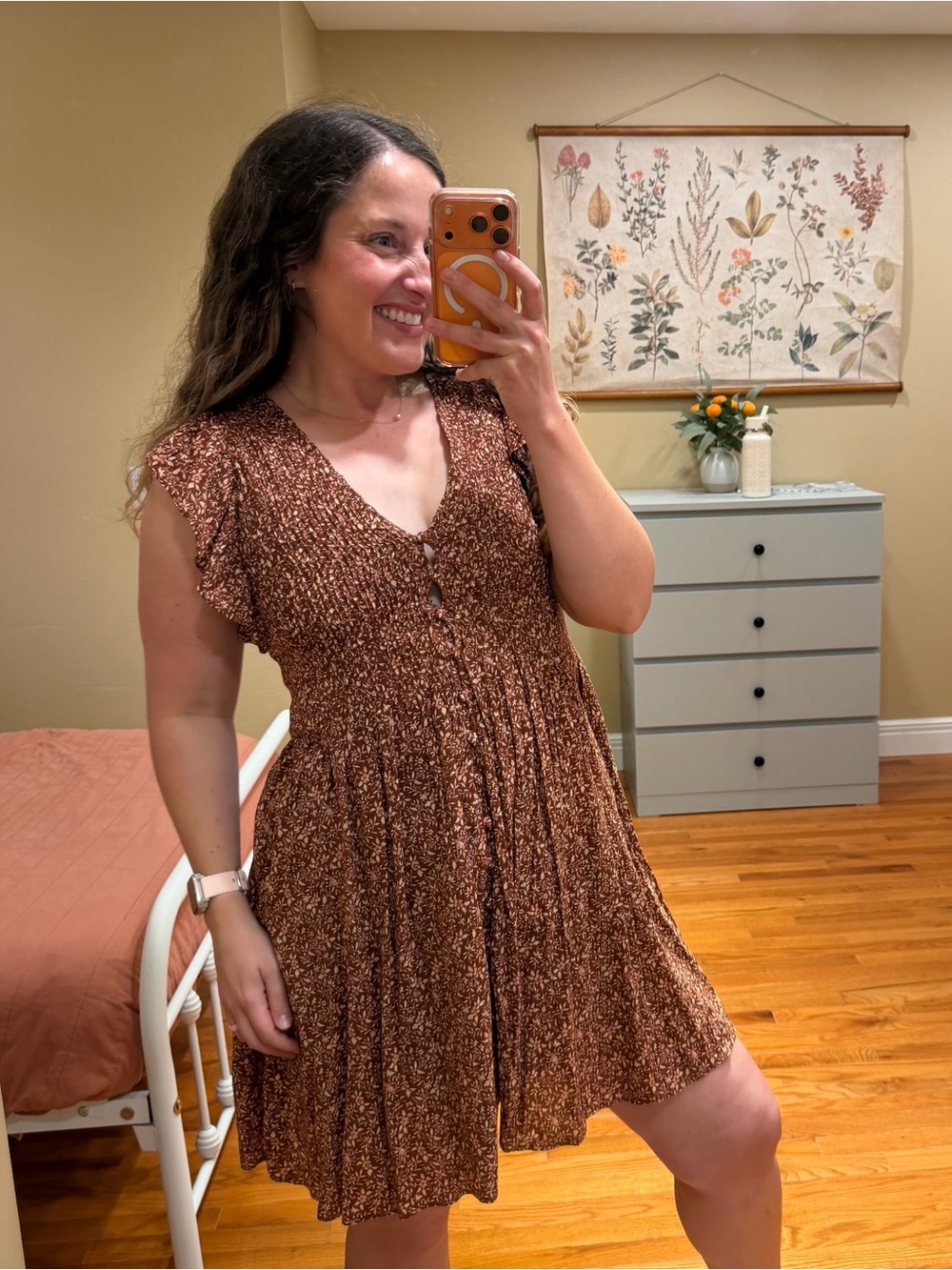Madewell Dainty Brown Floral V-Neck Smocked Waist Dress XS